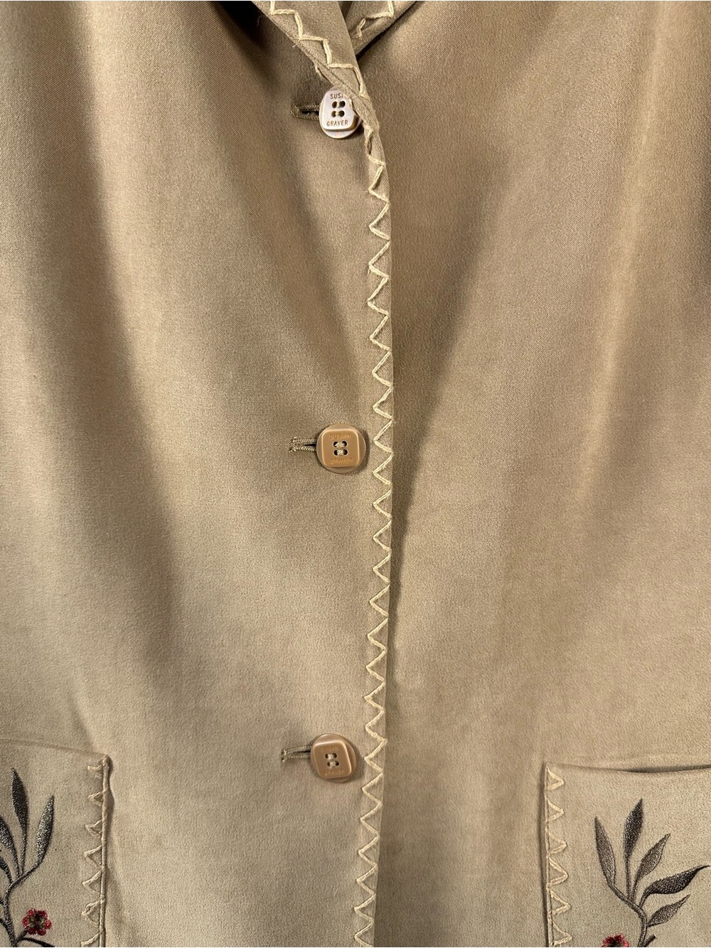 Susan Graver Camel Faux Suede Embroidered Pocket Vintage Blazer - Picture 3 of 10
